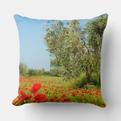 Olive tree in poppy field throw pillow