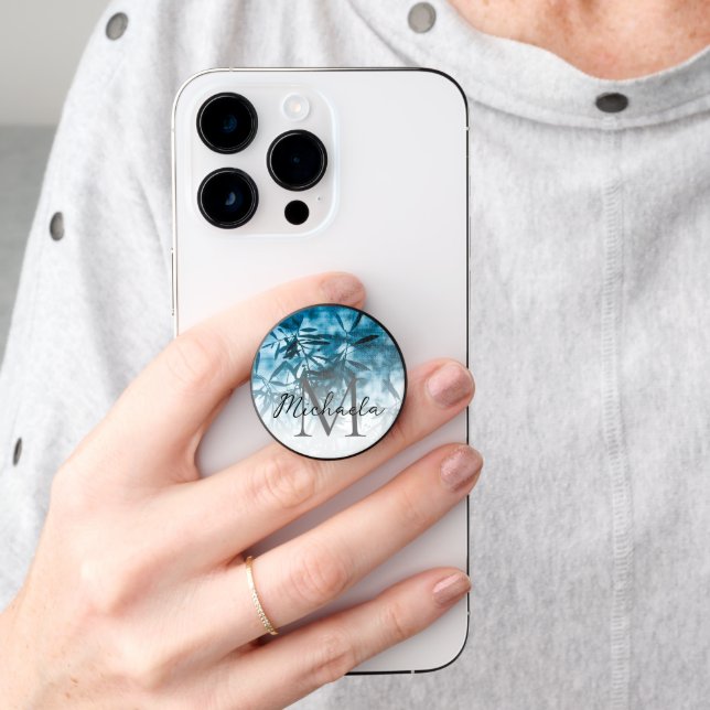 Olive tree tropic summer blue Photo Monogram PopSocket (Hand)