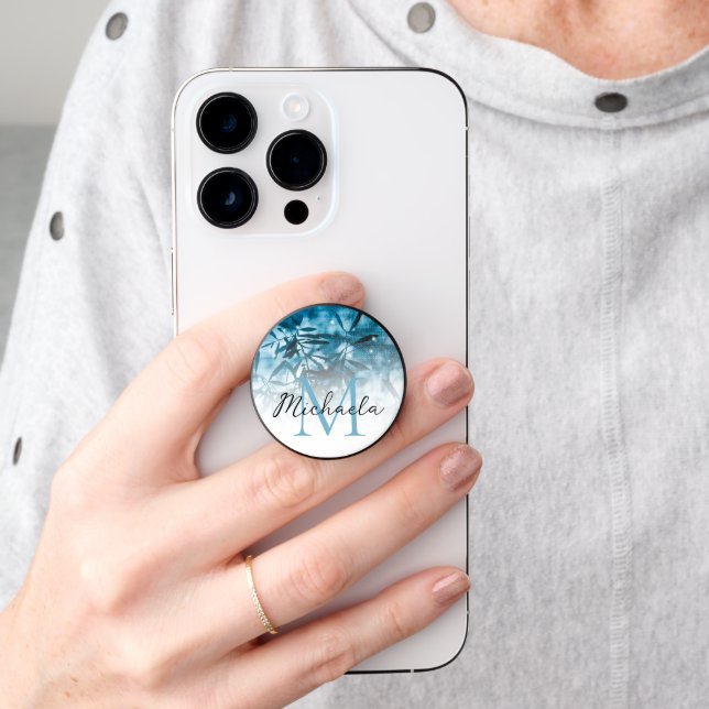 Olive tree tropic summer blue Photo Monogram PopSocket (Hand)