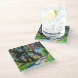 Olive Trees by the Sea – Mediterranean Pastel Glass Coaster
