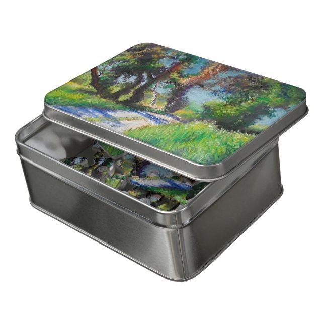 Olive Trees by the Sea – Mediterranean Pastel Jigsaw Puzzle (Lid Open)