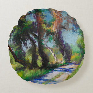 Olive Trees by the Sea – Mediterranean Pastel Round Pillow