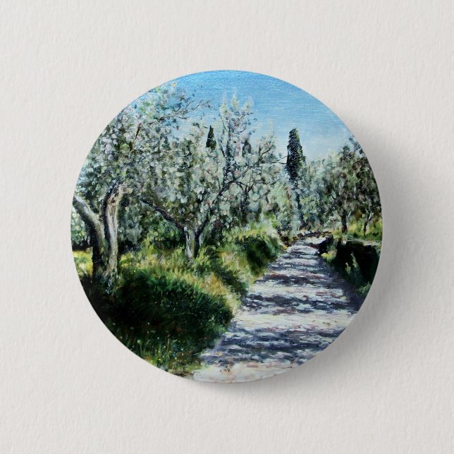 OLIVE TREES IN TUSCANY LANDSCAPE PINBACK BUTTON (Front)