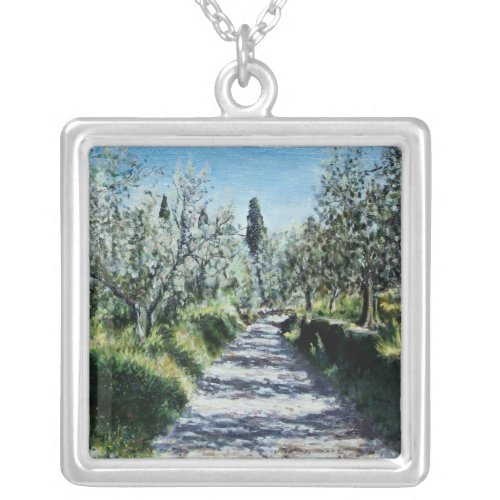 OLIVE TREES IN TUSCANY LANDSCAPE SILVER PLATED NECKLACE
