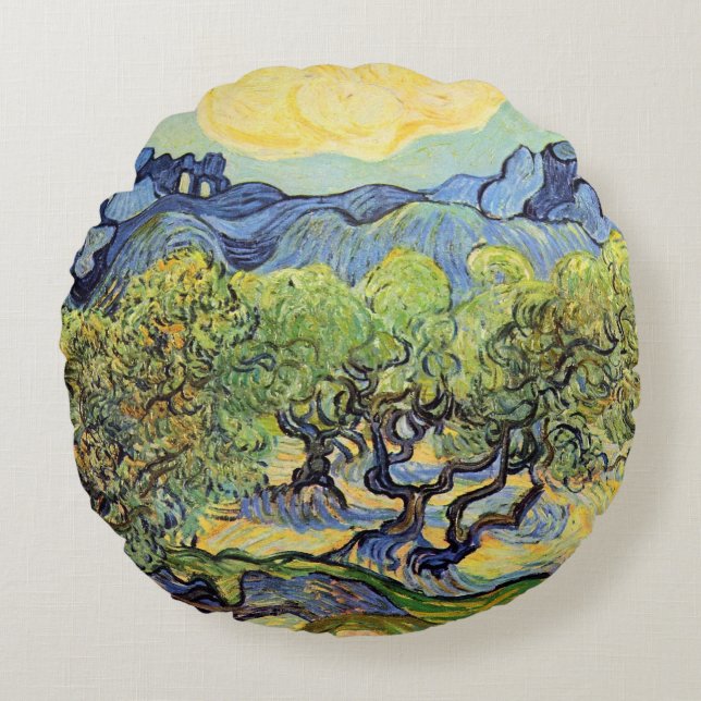 Olive Trees with Alpilles by Vincent van Gogh Round Pillow (Front)