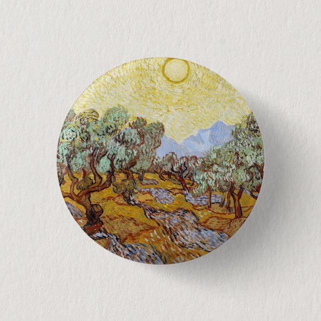 Olive Trees with yellow sky and sun   Button (Front)