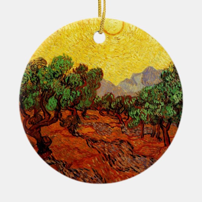 Olive Trees with Yellow Sky and Sun Ceramic Ornament (Front)