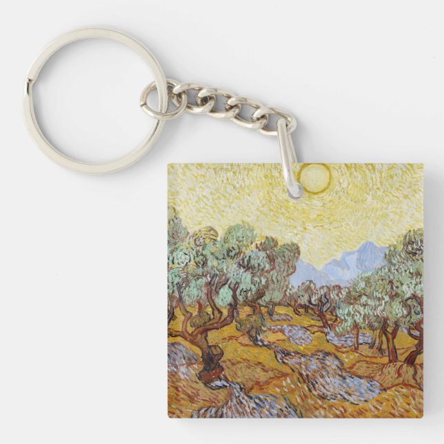 Olive Trees with yellow sky and sun  Keychain (Front)