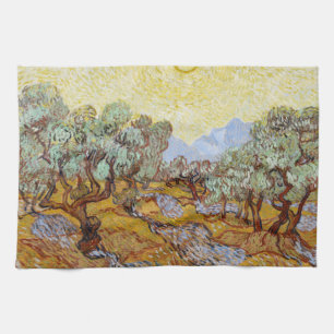 Olive Trees with yellow sky and sun   Kitchen Towel