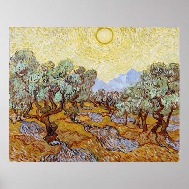 Olive Trees with yellow sky and sun Poster (Front)