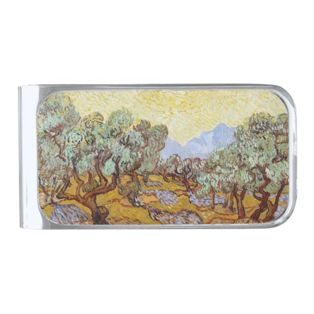 Olive Trees with yellow sky and sun   Silver Finish Money Clip (Front)