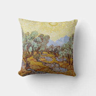 Olive Trees with yellow sky and sun  Throw Pillow