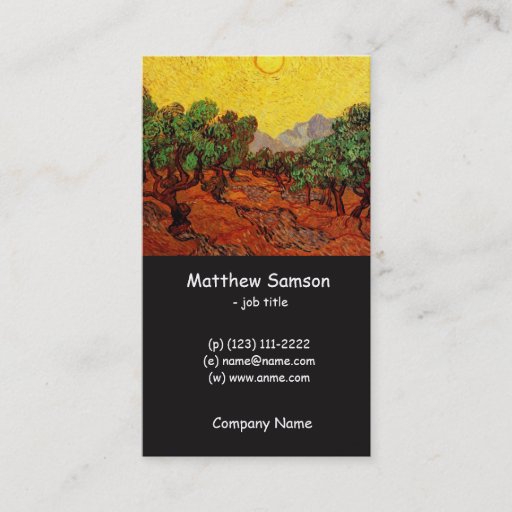 Customizable Olive Trees with Yellow Sky and Sun, van Gogh Business Card Templates