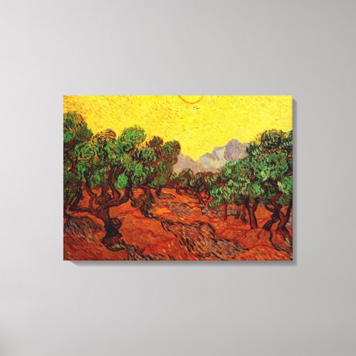 Olive Trees with Yellow Sky and Sun van Gogh Canvas Print