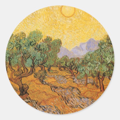 Olive Trees Yellow Sky and Sun Vincent van Gogh Classic Round Sticker