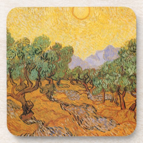 Olive Trees Yellow Sky and Sun Vincent van Gogh Coaster