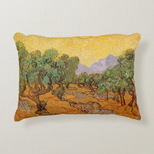 Olive Trees Yellow Sky and Sun Vincent van Gogh Decorative Pillow