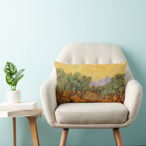 Olive Trees Yellow Sky and Sun Vincent van Gogh Lumbar Pillow
