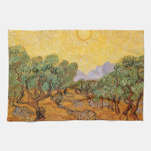 Olive Trees Yellow Sky and Sun Vincent van Gogh Towel