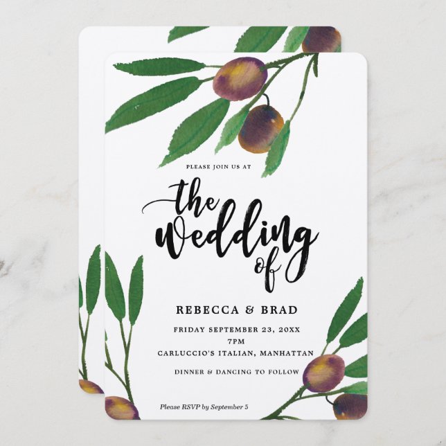 olive tuscan laurel modern wedding invitation (Front/Back)