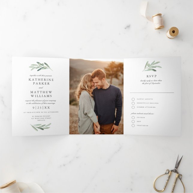 Olive Watercolor and Faux Rose Gold Wedding Photo Tri-Fold Invitation (Inside)
