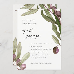 OLIVE WATERCOLOR FOLIAGE BABY SHOWER INVITE