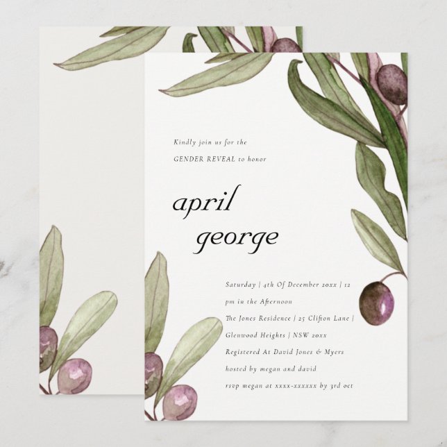 OLIVE WATERCOLOR FOLIAGE GENDER REVEAL INVITE (Front/Back)
