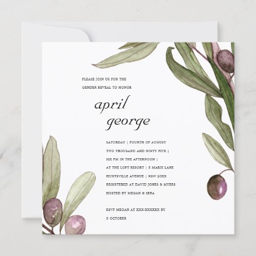 OLIVE WATERCOLOR FOLIAGE GENDER REVEAL INVITE