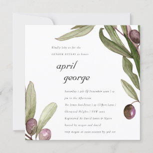 OLIVE WATERCOLOR FOLIAGE GENDER REVEAL INVITE