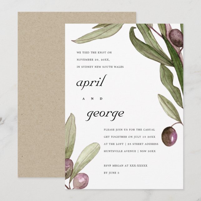 OLIVE WATERCOLOR FOLIAGE WE TIED THE KNOT INVITE (Front/Back)