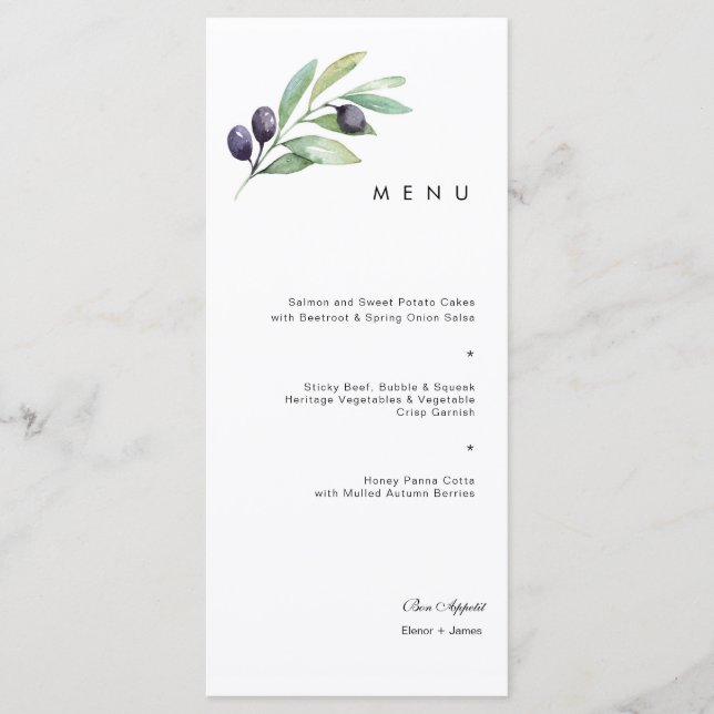 Olive Watercolor Wedding Menu (Front)