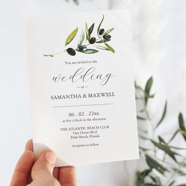 Olive Wedding Invitation with QR Code for RSVP (Wedding invitations watercolor olive branch art by Victoria Grigaliunas Do Tell A Belle)
