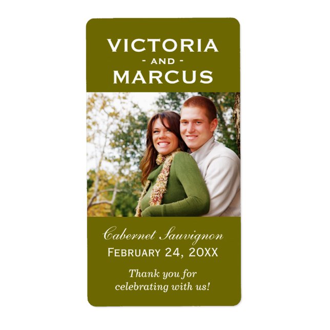 Olive Wedding Monogram Photo Wine Bottle Favor Label (Front)