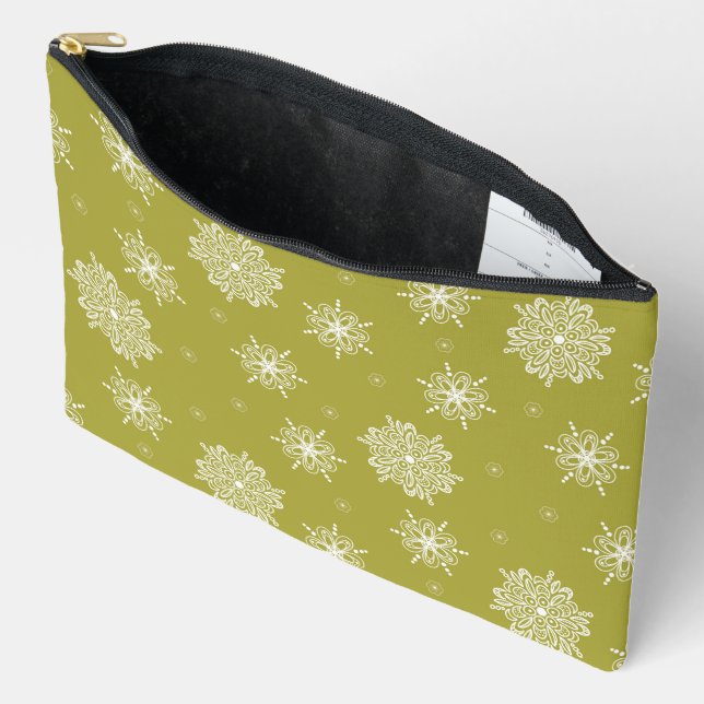 Olive Whimsical Celestial Floral Large Accessory Pouch (Open)