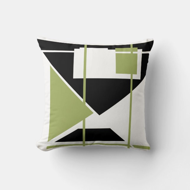 Olive White Black MCM Look Triangles Squares LInes Throw Pillow (Front)