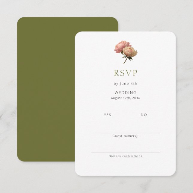 Olive & White | Chic Rose Wedding RSVP Enclosure Card (Front/Back)