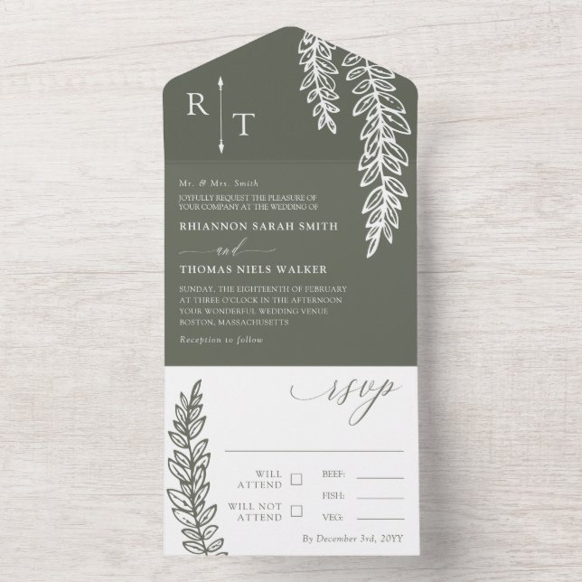 Olive White Greenery Monogrammed Wedding All In One Invitation (Inside)
