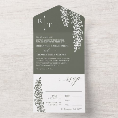 Olive White Greenery Monogrammed Wedding All In One Invitation