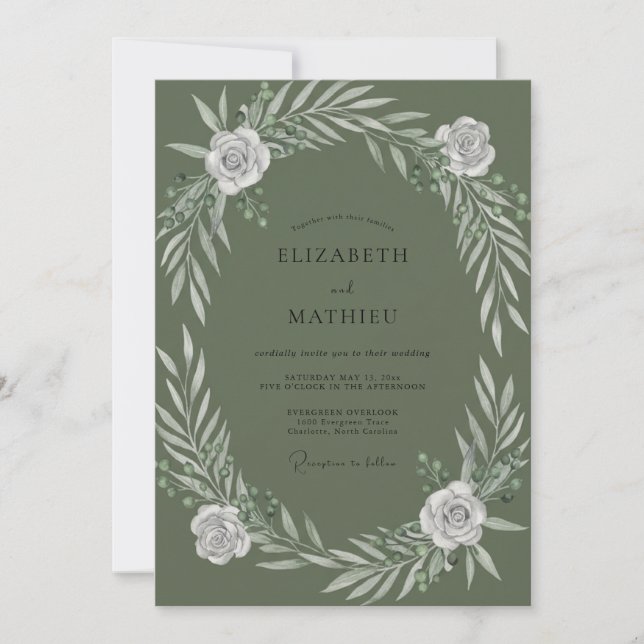 Olive White Rose Wedding Invitation (Front)
