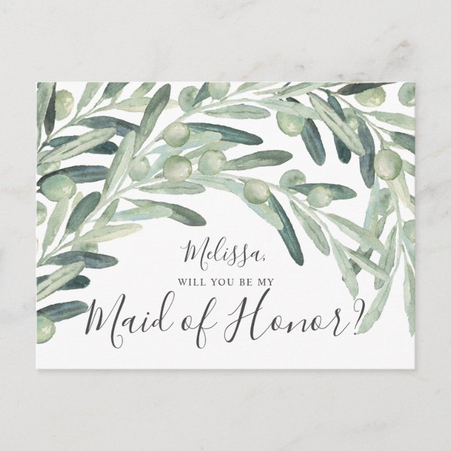 Olive Will You Be My Maid of Honor Invitation Postcard (Front)