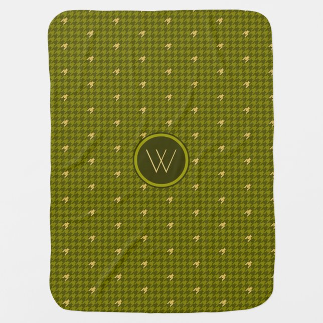 Olive with Gold Accent Houndstooth Baby Blanket (Front)