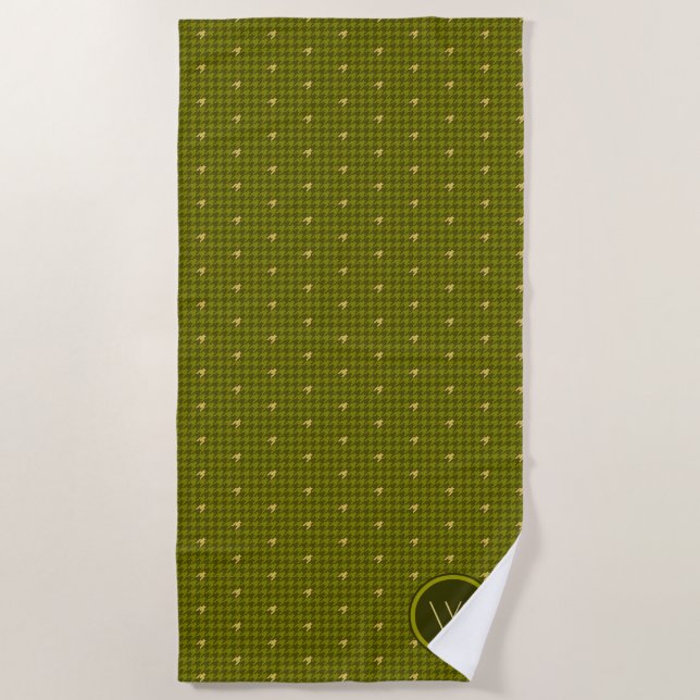 Olive with Gold Accent Houndstooth Beach Towel (Front)