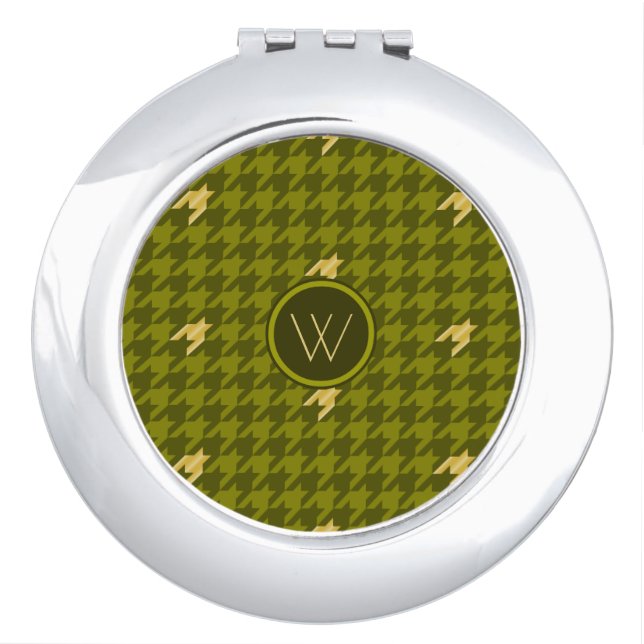Olive with Gold Accent Houndstooth Compact Mirror (Front)