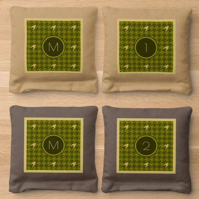 Olive with Gold Accent Houndstooth Cornhole Bags (Wood)