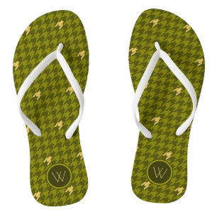 Olive with Gold Accent Houndstooth Flip Flops