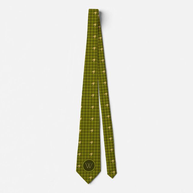 Olive with Gold Accent Houndstooth Men's Neck Tie (Front)