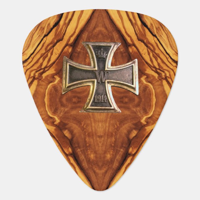 Olive wood, burl wood finish with iron cross guitar pick (Front)
