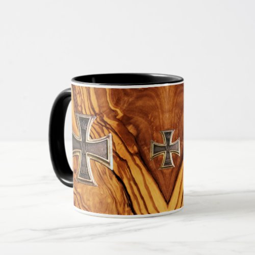 Olive wood burl wood finish with iron cross mug