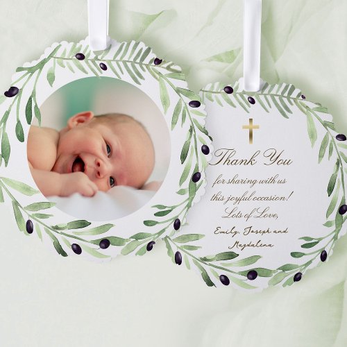 olive wreath Baptism thank you Ornament Card