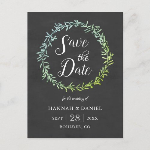 Olive Wreath Chalkboard Save the Date Template Postcard